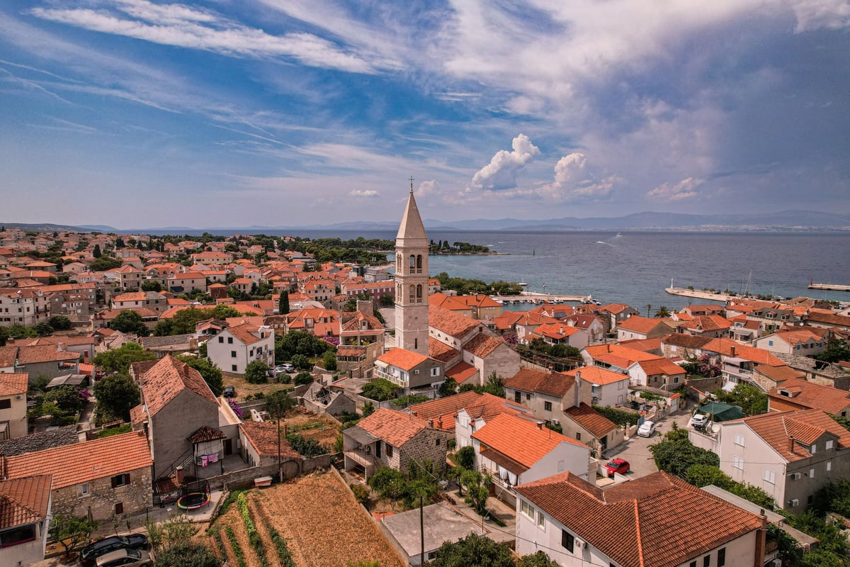Umag old town and bell tower from above