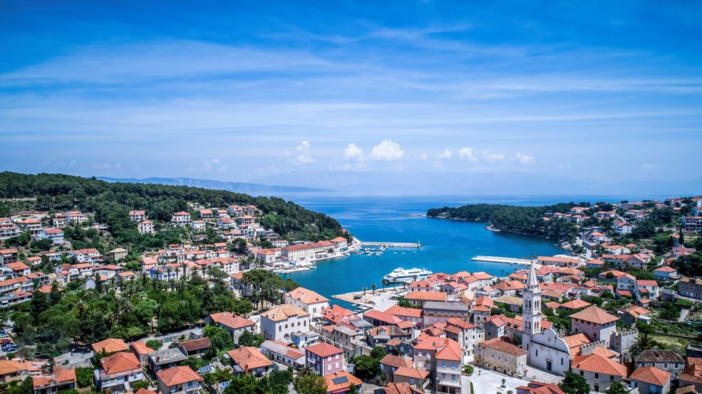 Hvar Town from the air above the Adriatic