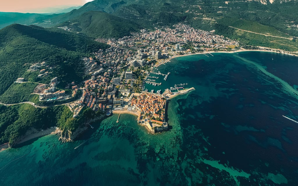 Budva from the air with its riviera and marina