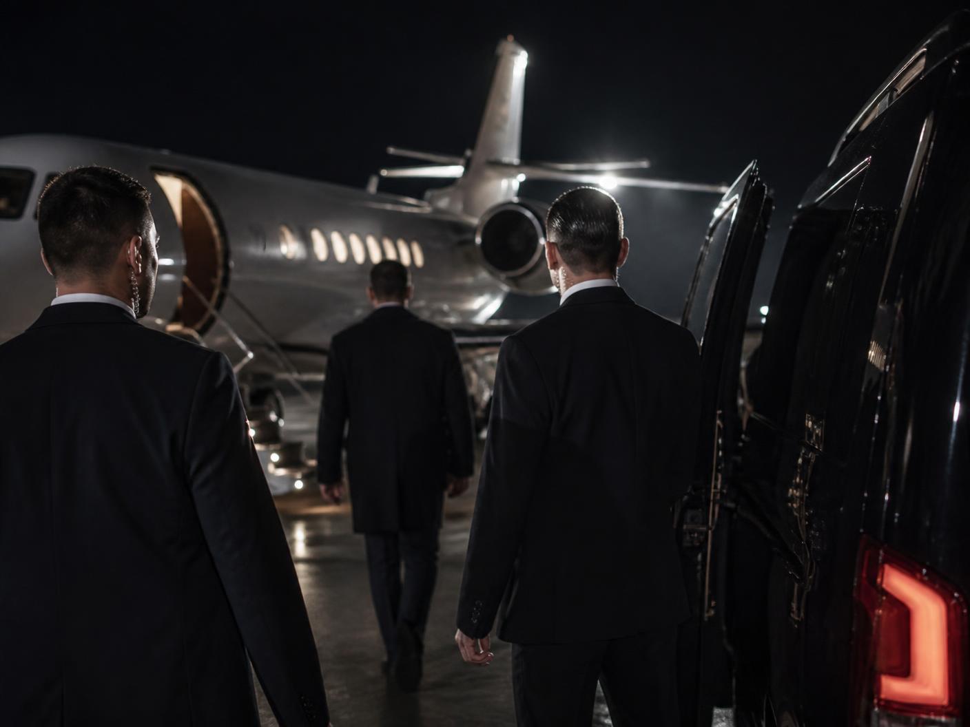 Close protection team escorting a VIP guest from the car to a private jet in Dubrovnik