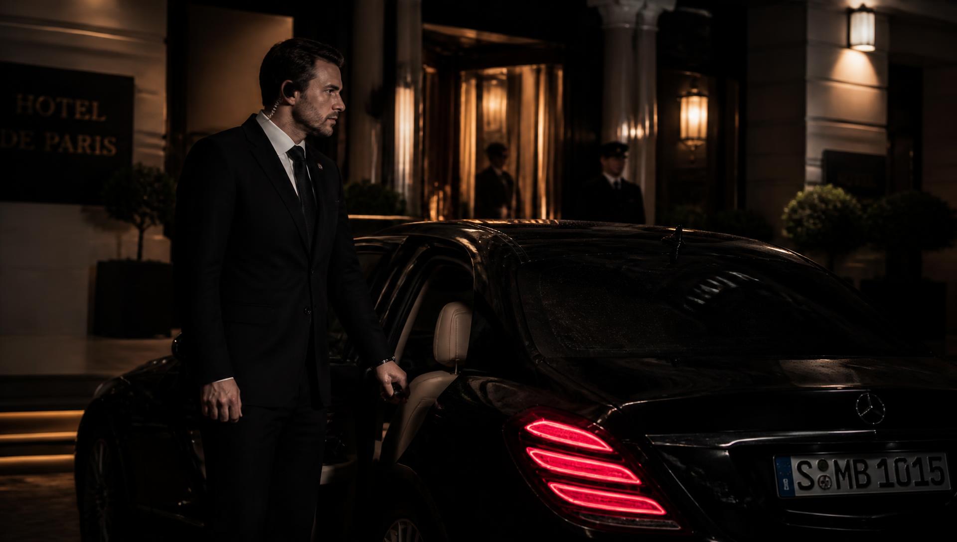 VIP secure chauffeur beside a black Mercedes — protective transport in Dubrovnik and Zagreb