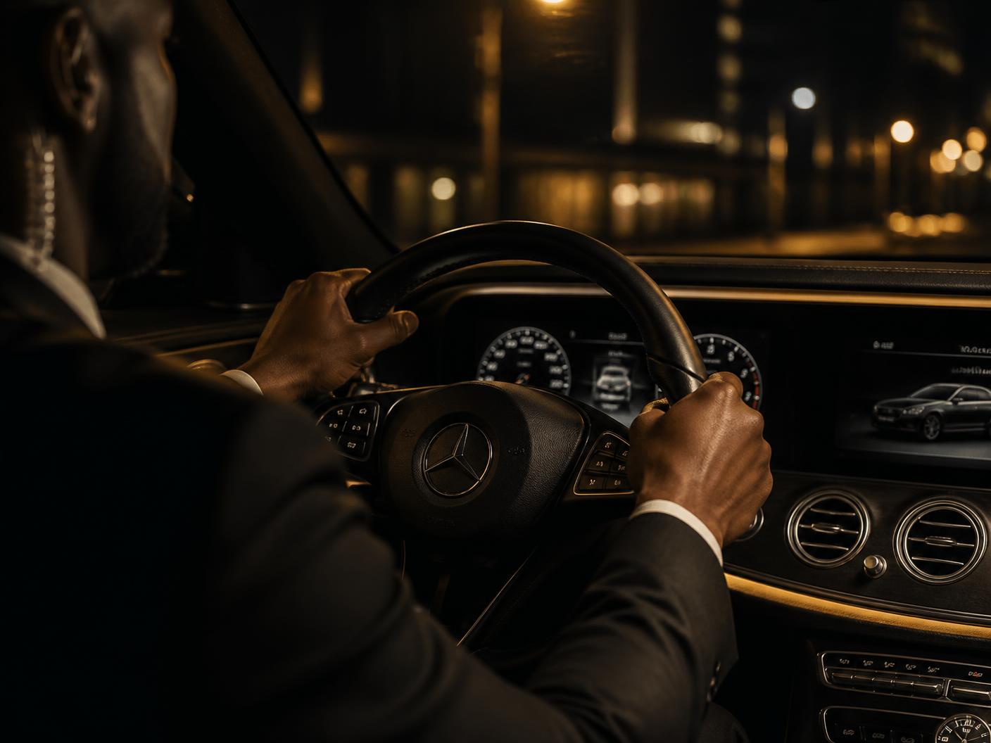 Security chauffeur driving a Mercedes during a night-time VIP transfer in Zagreb